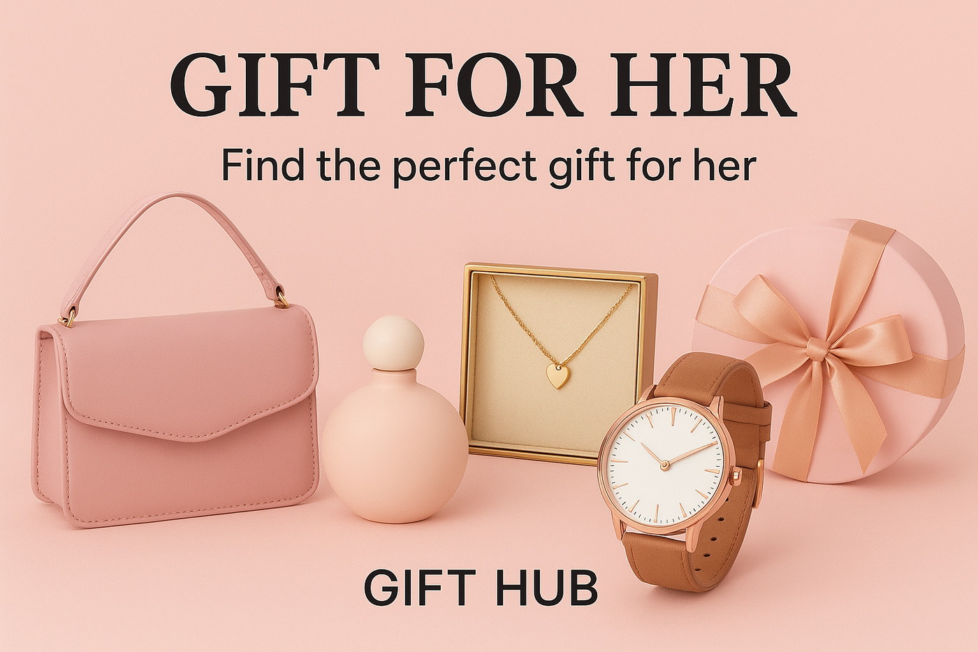 Gift for Her banner featuring pink handbag, perfume bottle, gold heart necklace, women’s wristwatch, and pink gift box on a pastel background — Gift Hub women’s gifting collection