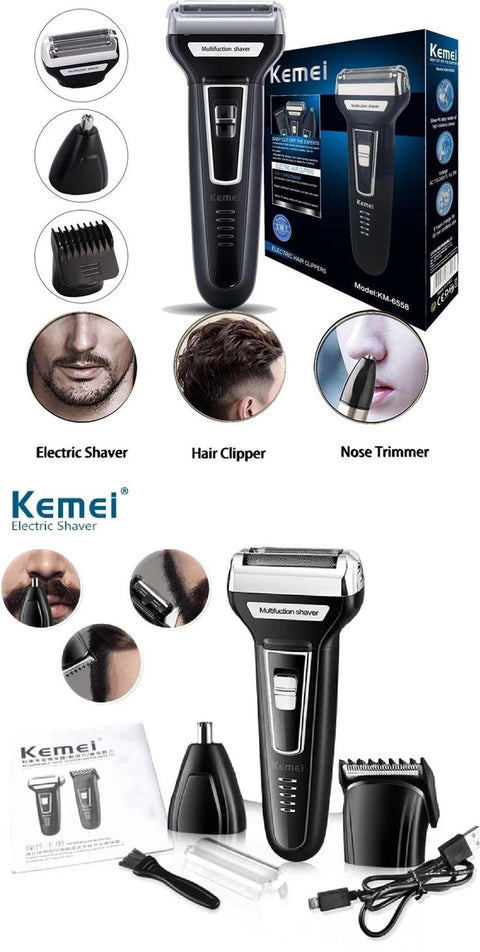 Kemei KM-6558 3-in-1 Professional Grooming Kit – Rechargeable Electric Shaver, Hair Clipper & Nose Trimmer