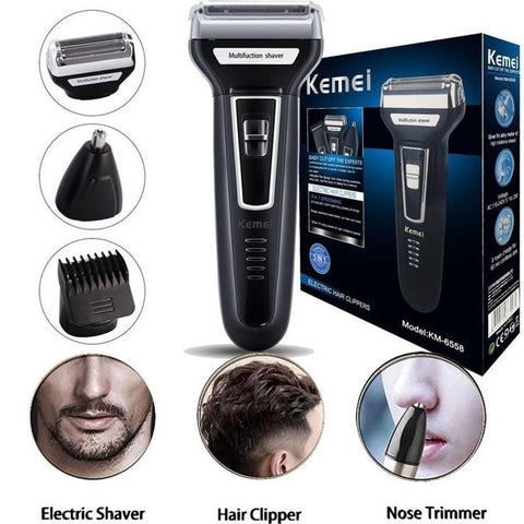Kemei KM-6558 3-in-1 Professional Grooming Kit – Rechargeable Electric Shaver, Hair Clipper & Nose Trimmer